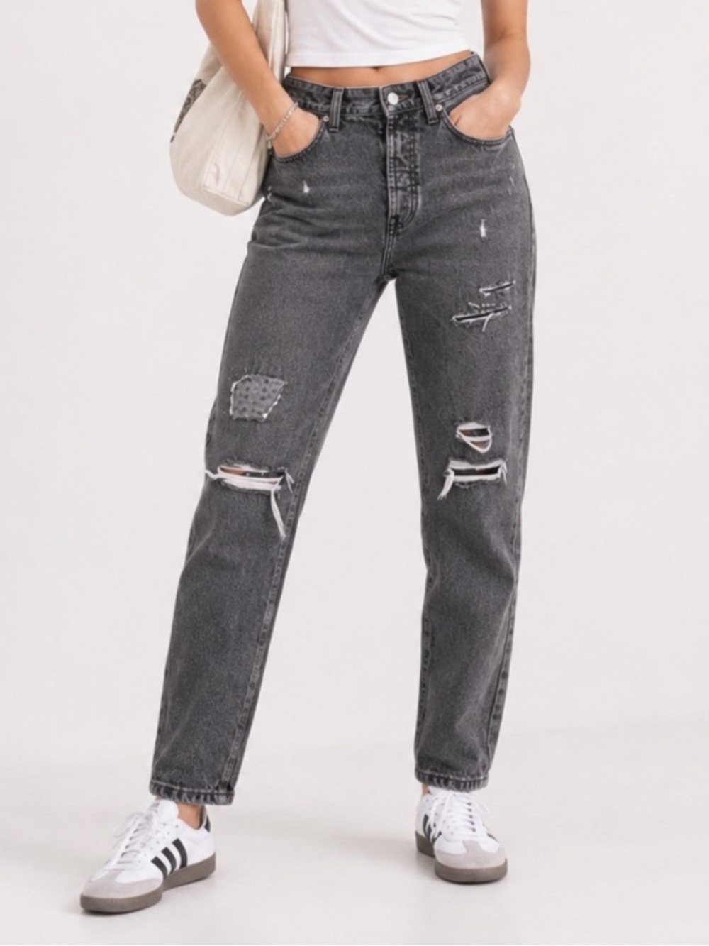 Old Navy Grey Black Straight Leg Jeans Patchwork Distressed Grunge Denim